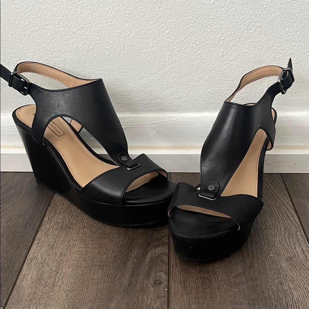 ANTONIO MELANI Black Leather Wedge Heels size 7.5 Chunky Heel